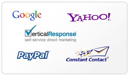Logos of Trusted Partners Google, Yahoo, VerticalResponse, PayPal and Constant Contact